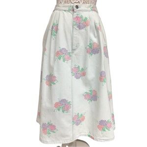 Vintage Floral Denim Midi Floral A-Line Skirt Light Wash Pink Flower Skirt, Med